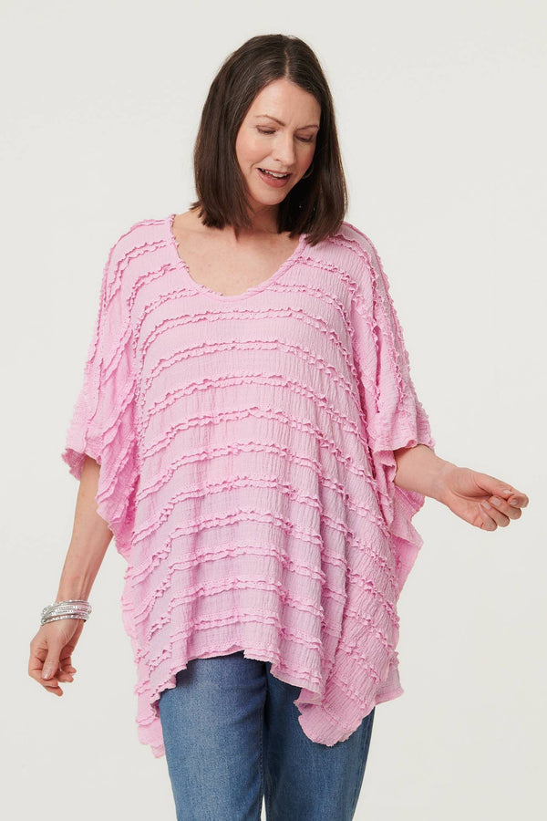 Pink | Textured 3/4 Batwing Sleeve Relaxed Top