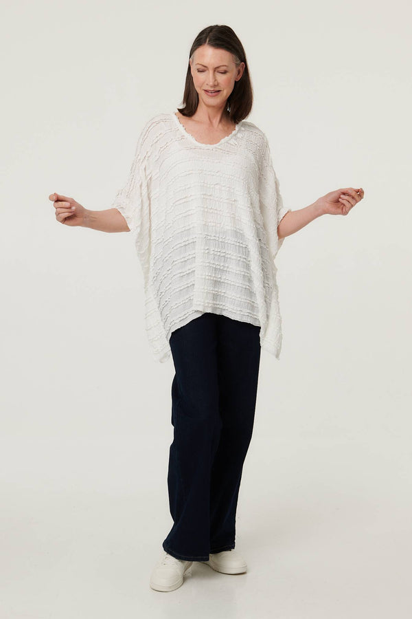 White | Textured 3/4 Batwing Sleeve Relaxed Top