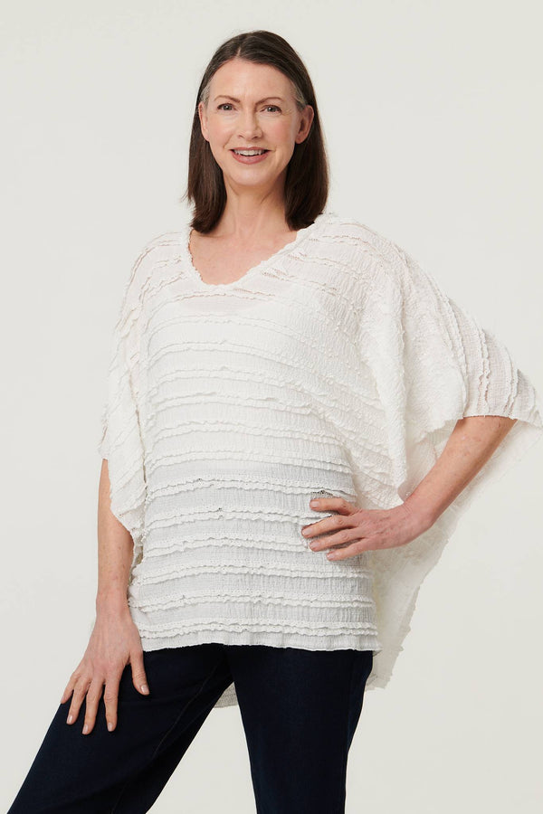 White | Textured 3/4 Batwing Sleeve Relaxed Top : Model is 5'8"/172 cm and wears UK10/EU38/US6/AUS10