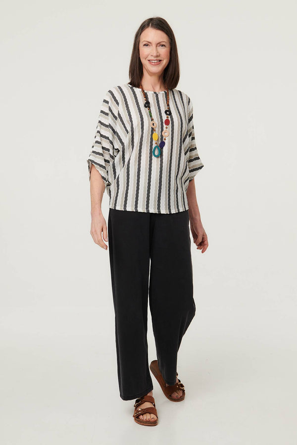 White | Striped 3/4 Sleeve Relaxed Necklace Top