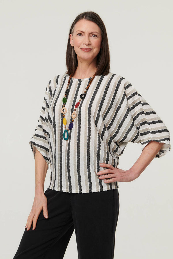 White | Striped 3/4 Sleeve Relaxed Necklace Top : Model is 5'8"/172 cm and wears UK10/EU38/US6/AUS10