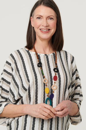 White | Striped 3/4 Sleeve Relaxed Necklace Top