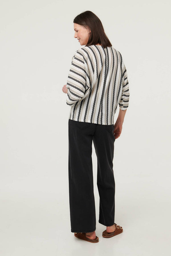White | Striped 3/4 Sleeve Relaxed Necklace Top