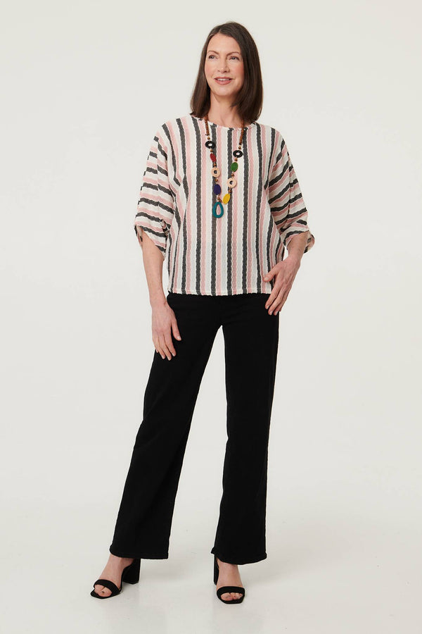 Pink | Striped 3/4 Sleeve Relaxed Necklace Top