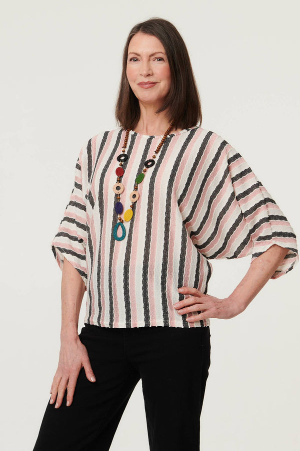 Pink | Striped 3/4 Sleeve Relaxed Necklace Top : Model is 5'8"/172 cm and wears UK10/EU38/US6/AUS10