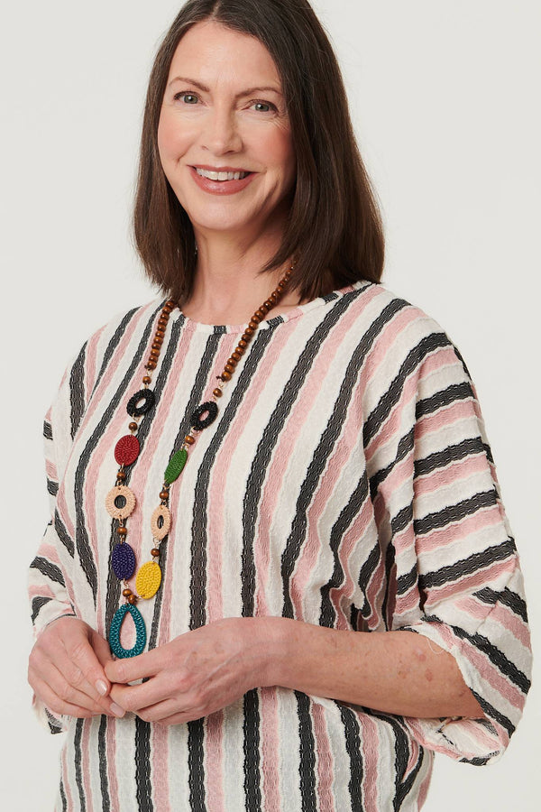 Pink | Striped 3/4 Sleeve Relaxed Necklace Top