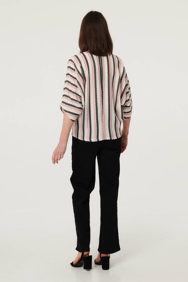 Pink | Striped 3/4 Sleeve Relaxed Necklace Top
