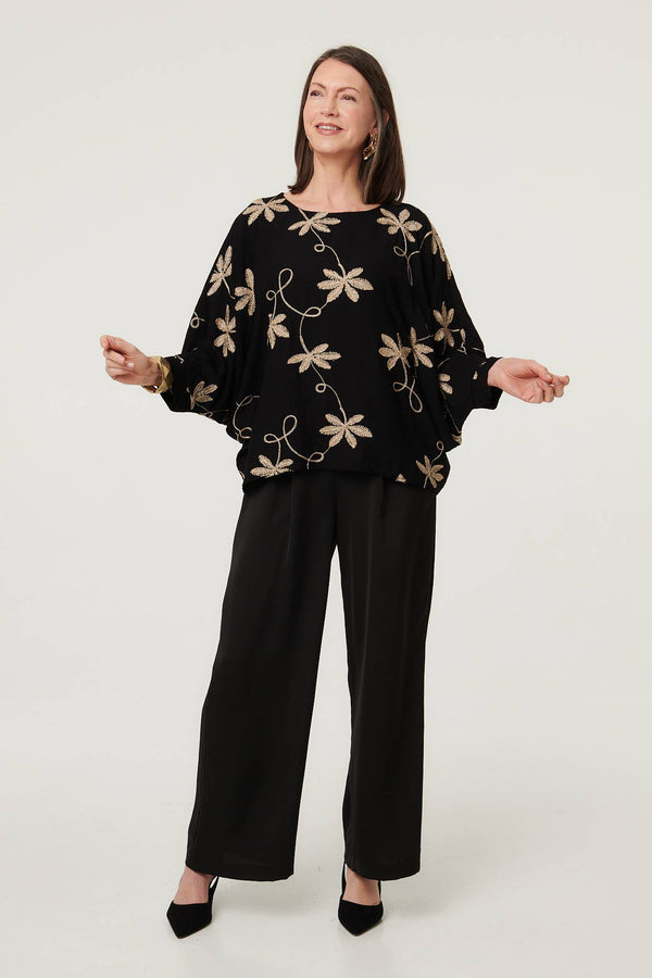 Black | Floral Embroidered 3/4 Sleeve Top