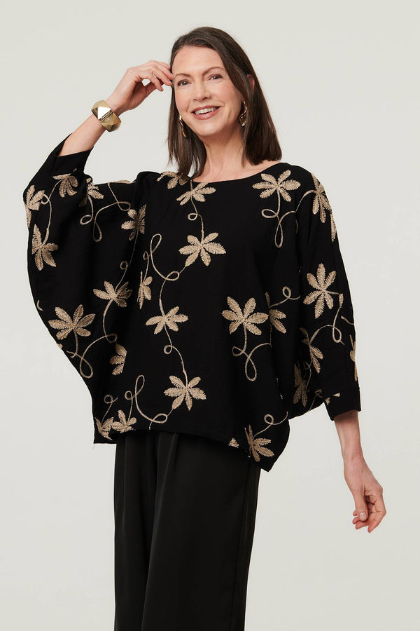 Black | Floral Embroidered 3/4 Sleeve Top