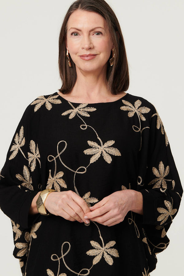 Black | Floral Embroidered 3/4 Sleeve Top