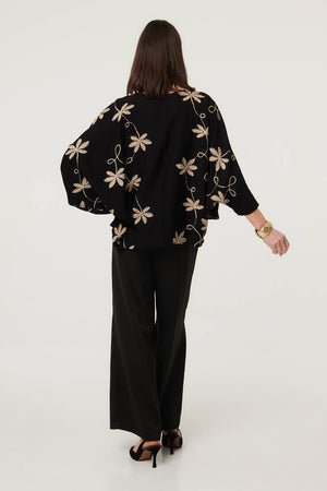 Black | Floral Embroidered 3/4 Sleeve Top