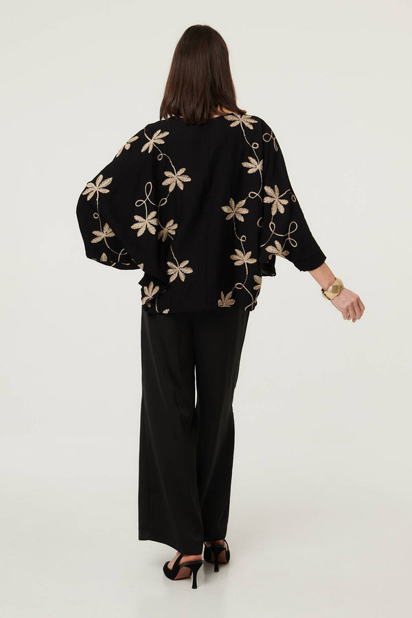 Black | Floral Embroidered 3/4 Sleeve Top