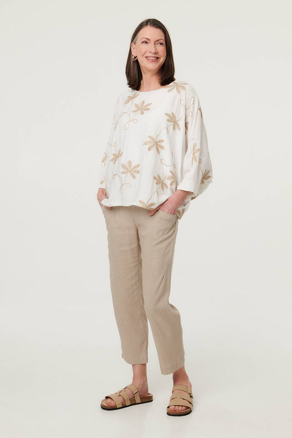White | Floral Embroidered 3/4 Sleeve Top