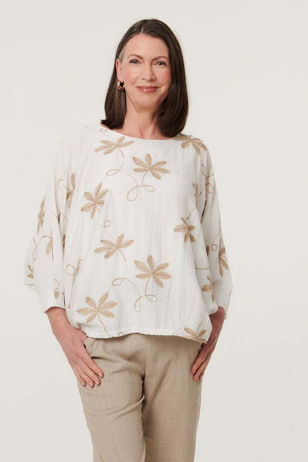 White | Floral Embroidered 3/4 Sleeve Top