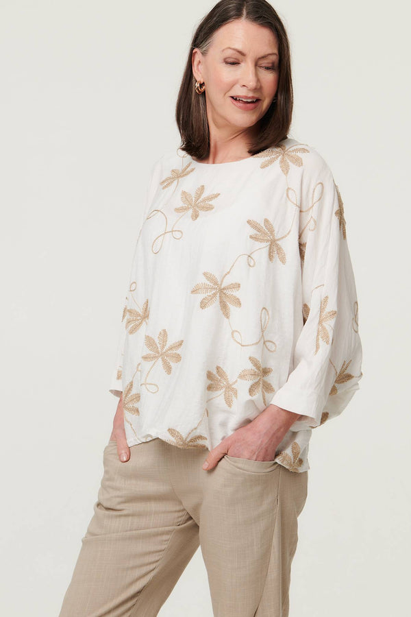 White | Floral Embroidered 3/4 Sleeve Top