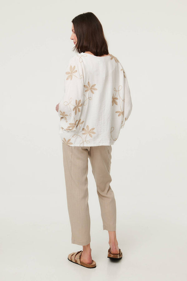White | Floral Embroidered 3/4 Sleeve Top