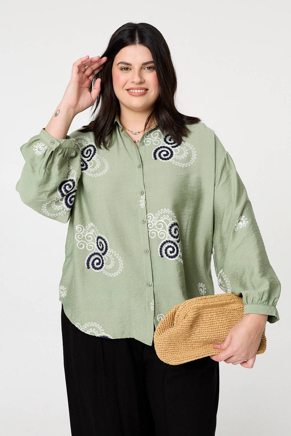 Khaki | Curve Embroidered Relaxed Shirt