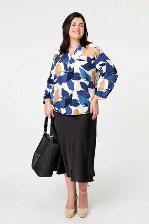 Navy | Curve Abstract Long Sleeve Blouse