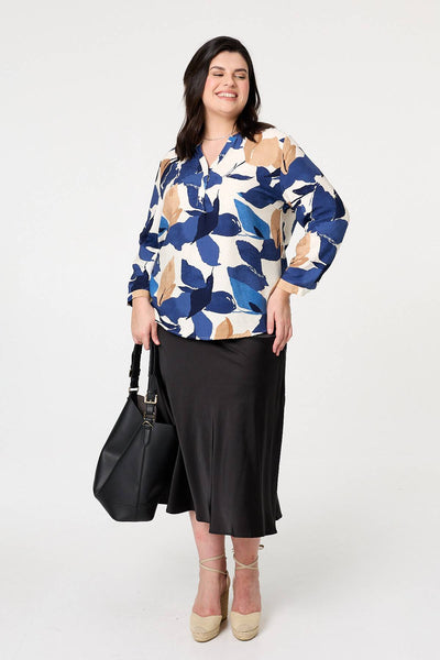 Navy | Curve Abstract Long Sleeve Blouse