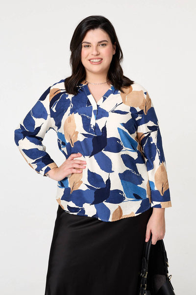 Navy | Curve Abstract Long Sleeve Blouse