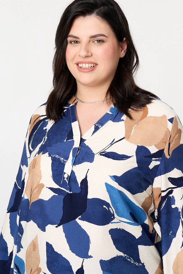 Navy | Curve Abstract Long Sleeve Blouse