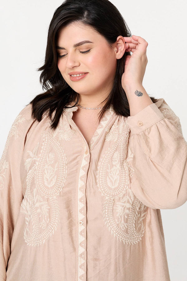 Pink | Curve Floral Embroidered Relaxed Shirt