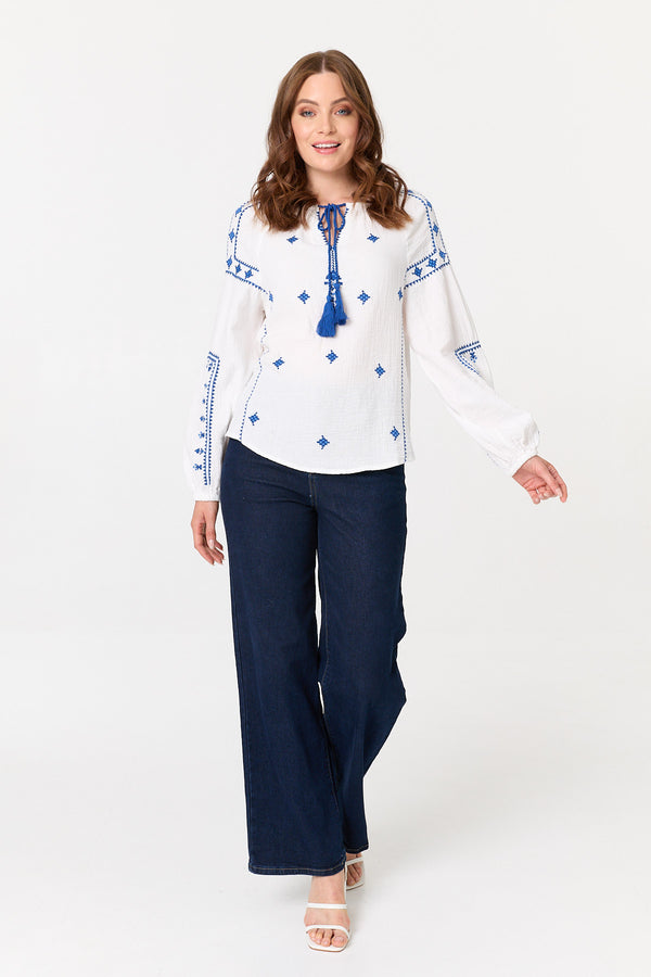 White | Printed Tassel Tie Neck Long Sleeve Top