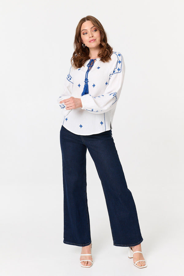 White | Printed Tassel Tie Neck Long Sleeve Top
