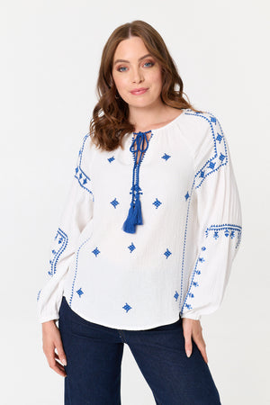 White | Printed Tassel Tie Neck Long Sleeve Top