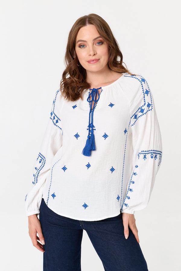 White | Printed Tassel Tie Neck Long Sleeve Top