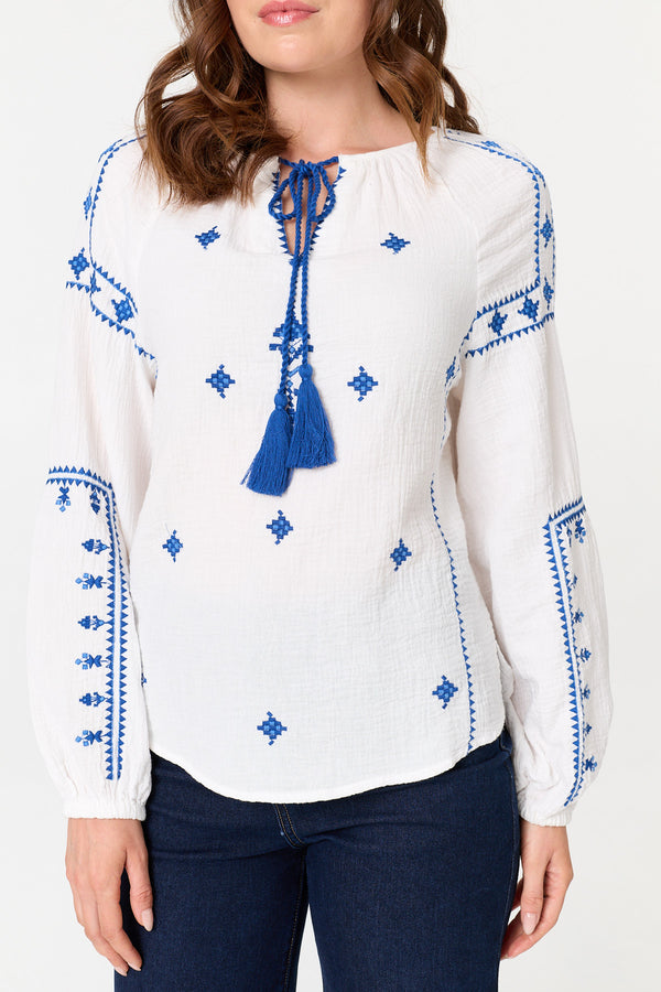 White | Printed Tassel Tie Neck Long Sleeve Top
