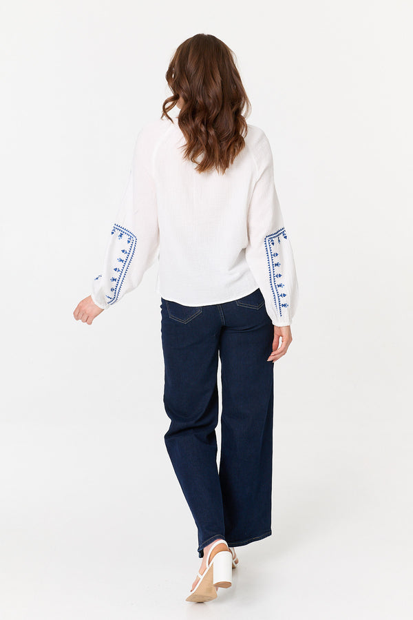 White | Printed Tassel Tie Neck Long Sleeve Top