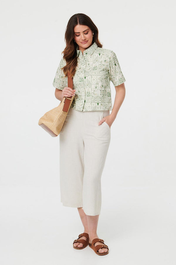 Green | Abstract Short Sleeve Cropped Shirt