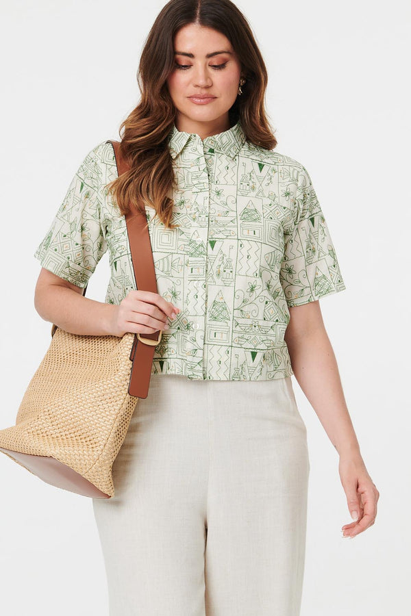 Green | Abstract Short Sleeve Cropped Shirt