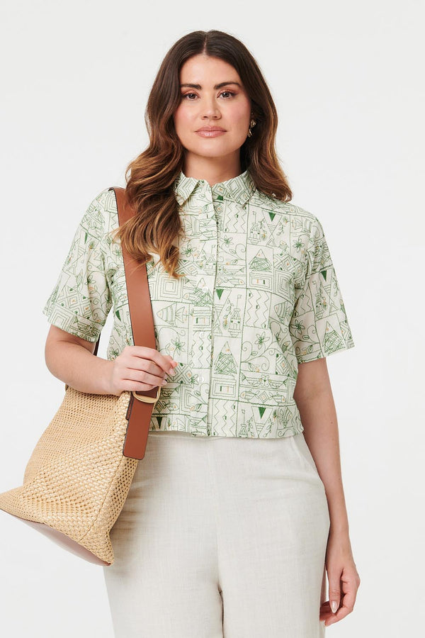 Green | Abstract Short Sleeve Cropped Shirt
