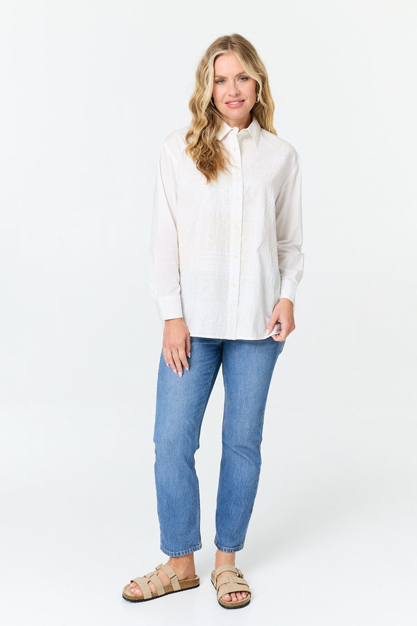 White | Long Sleeve Embroidered Texture Shirt