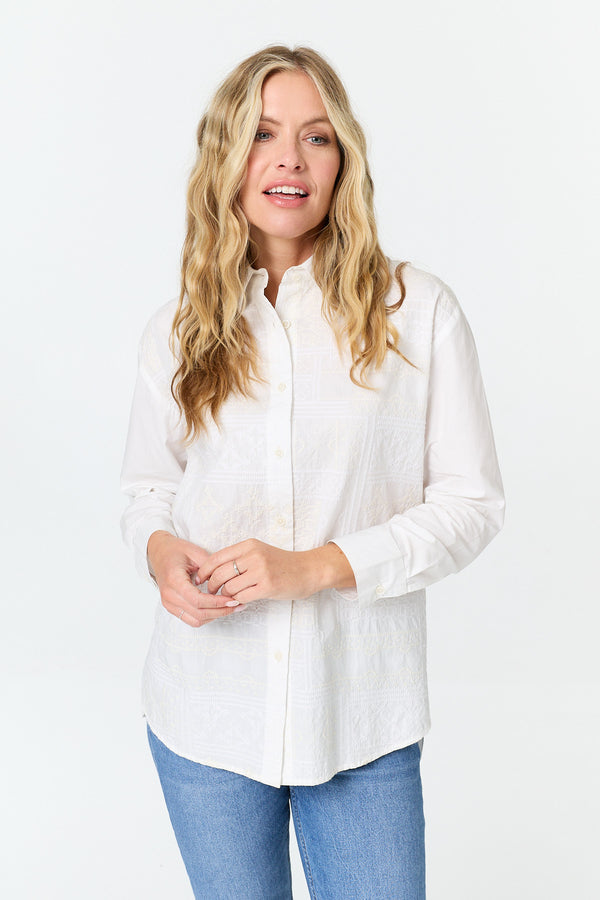 White | Long Sleeve Embroidered Texture Shirt