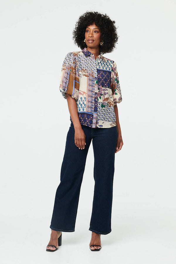 Navy | Patchwork 1/2 Puff Sleeve Blouse