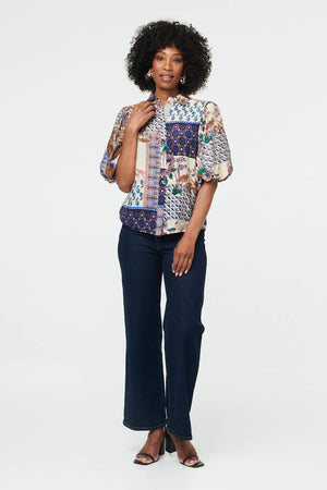 Navy | Patchwork 1/2 Puff Sleeve Blouse