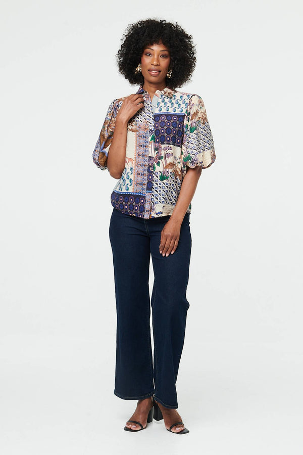 Navy | Patchwork 1/2 Puff Sleeve Blouse