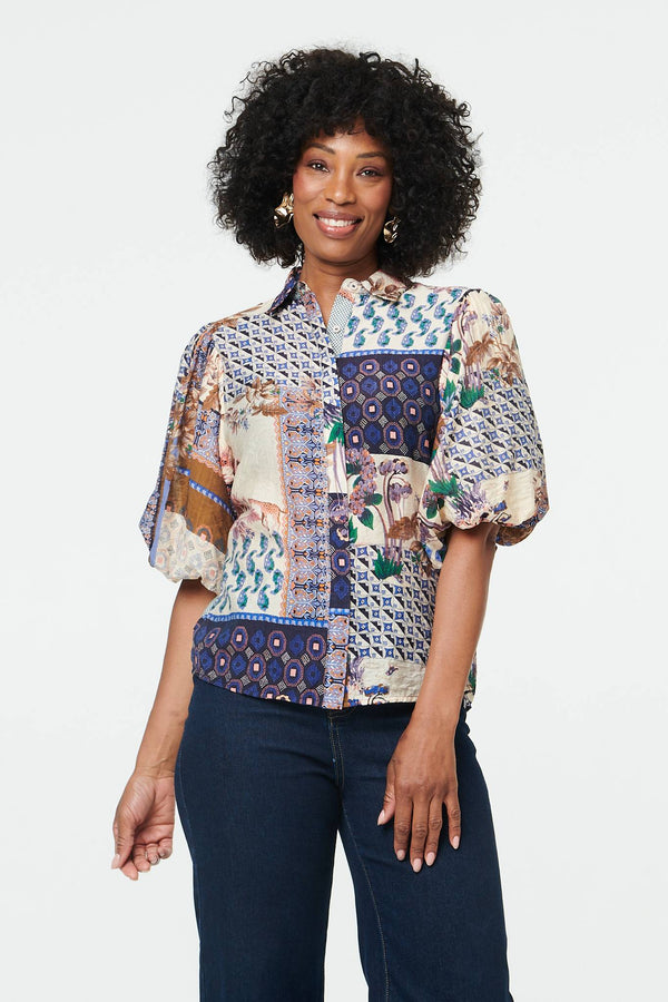 Navy | Patchwork 1/2 Puff Sleeve Blouse