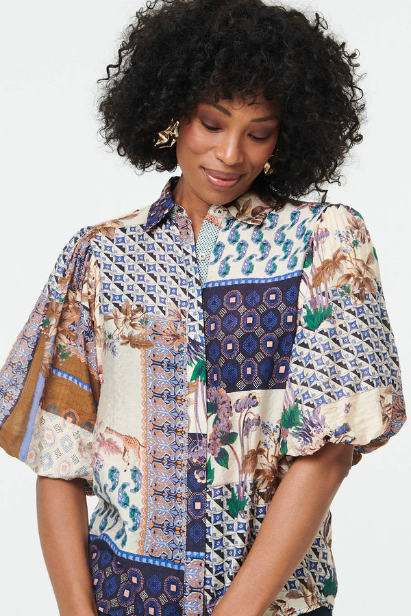 Navy | Patchwork 1/2 Puff Sleeve Blouse