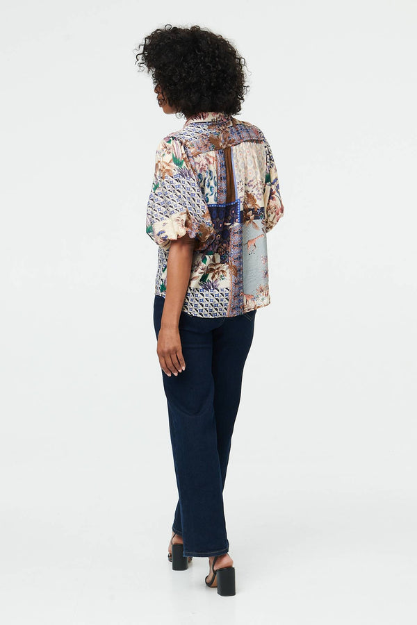 Navy | Patchwork 1/2 Puff Sleeve Blouse