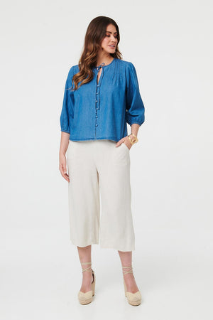 Blue | 3/4 Sleeve Tie Front V-Neck Blouse