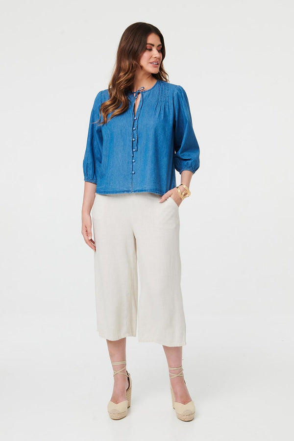 Blue | 3/4 Sleeve Tie Front V-Neck Blouse