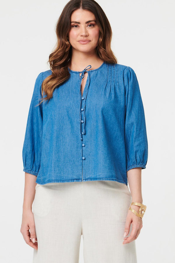 Blue | 3/4 Sleeve Tie Front V-Neck Blouse