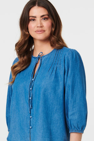 Blue | 3/4 Sleeve Tie Front V-Neck Blouse