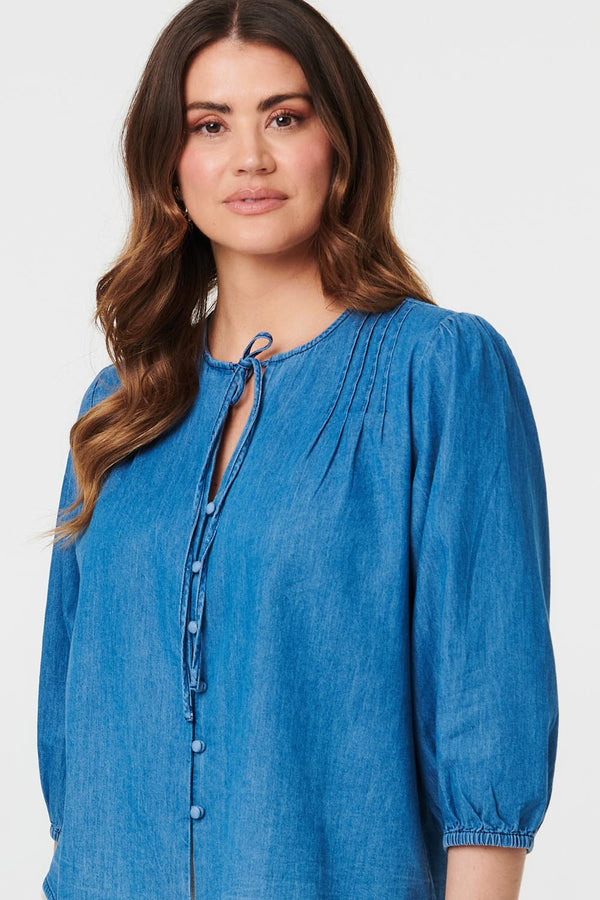 Blue | 3/4 Sleeve Tie Front V-Neck Blouse