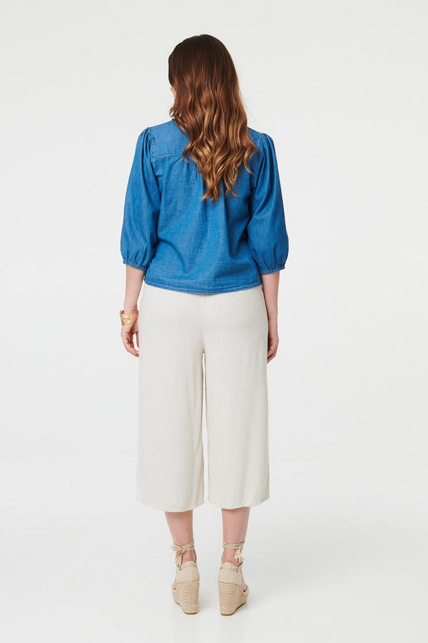 Blue | 3/4 Sleeve Tie Front V-Neck Blouse