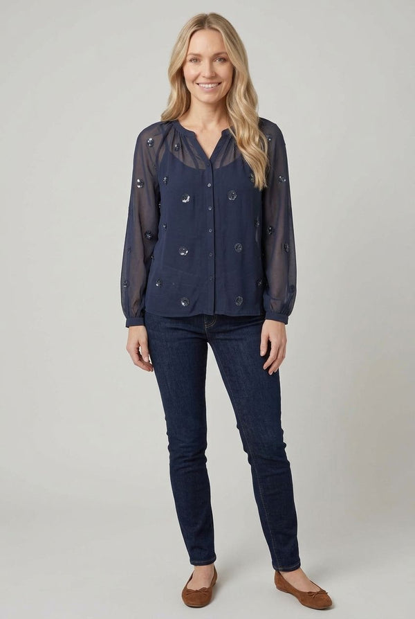 Navy | Sheer Sequin Embellished Blouse
